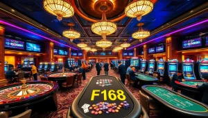 Immerse in the excitement of พอร์ทเกม F168 with vibrant casino gaming elements.