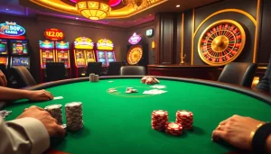 Exciting poker scene at MM88COM casino with players, chips, and roulette wheel.