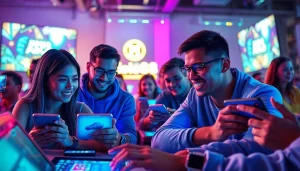 Hello88 online gaming community with players engaged in an exciting atmosphere, showcasing modern interfaces and vibrant colors.