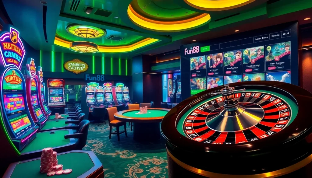 Engage with Fun88's thrilling casino experience featuring vibrant slot machines and poker tables.