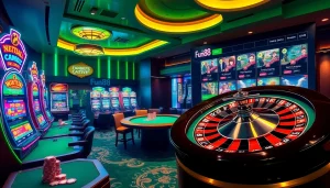 Engage with Fun88's thrilling casino experience featuring vibrant slot machines and poker tables.