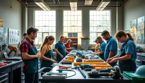 A diverse classroom scene showcasing students in hawaii trade schools engaged in hands-on training activities.
