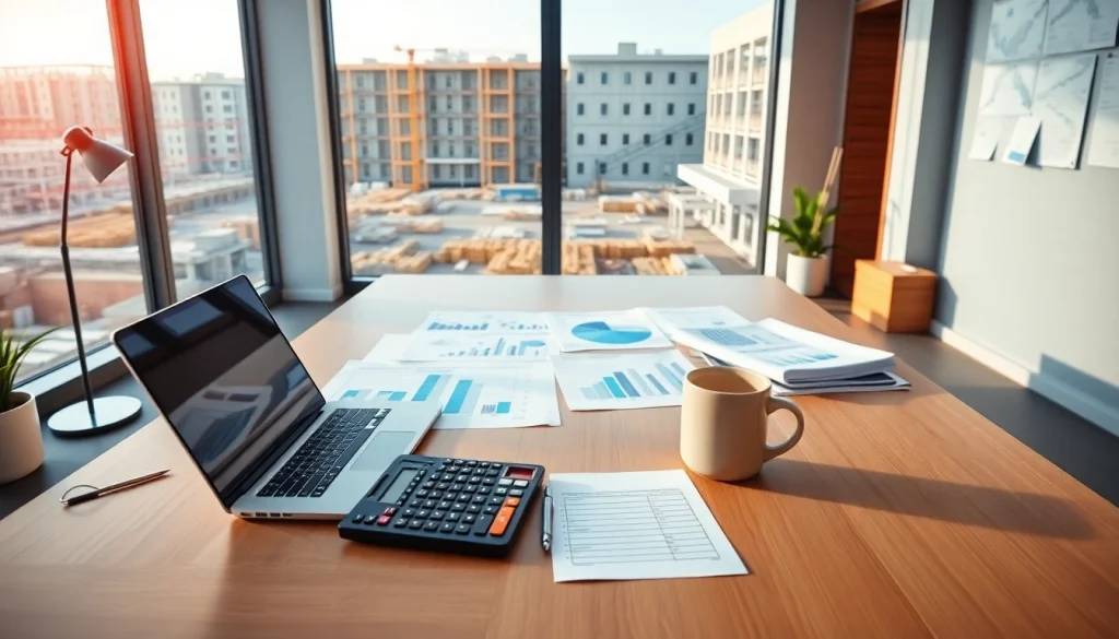 Księgowość dla firmy budowlanej: nowoczesne biuro rachunkowe skoncentrowane na finansach budowlanych, z wykresami i planami.