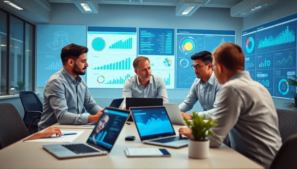 Analyze competitive intelligence in a modern office with teams collaborating over data insights.