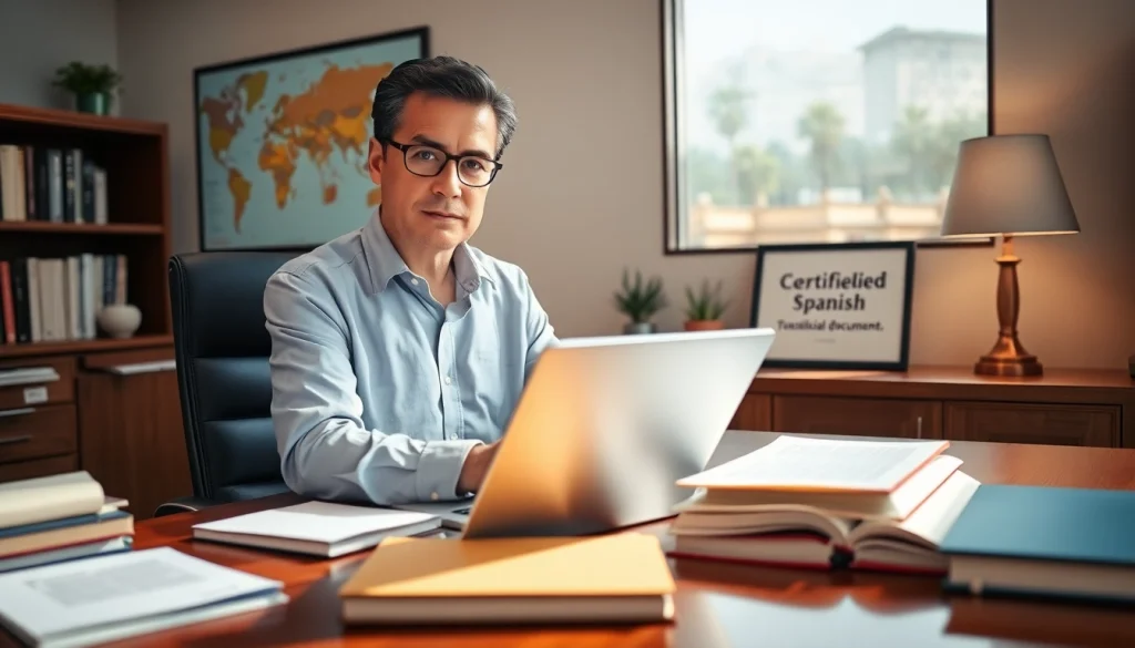 Image professionnelle d’un traducteur juré d’espagnol dans un bureau élégant, mettant en valeur le travail de traduction.