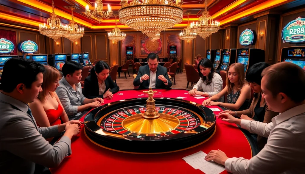 Players enjoy the thrilling atmosphere at rr88 casino, placing bets at a roulette table.