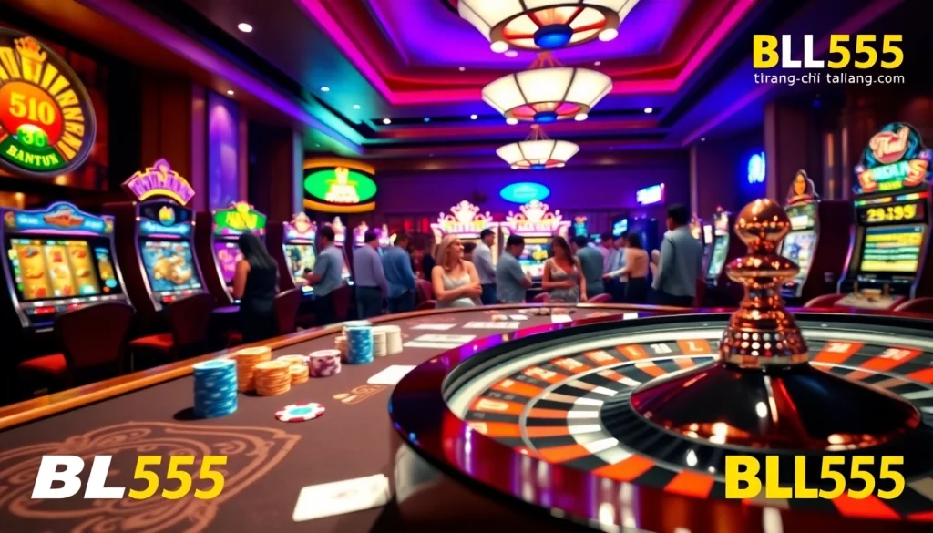 Experience the excitement of trang chủ BL555 with an engaging casino scene showcasing poker games and vibrant slot machines.