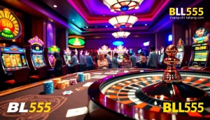 Experience the excitement of trang chủ BL555 with an engaging casino scene showcasing poker games and vibrant slot machines.