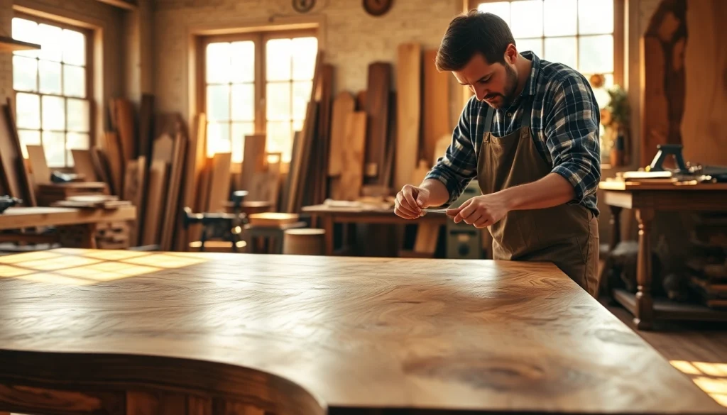 Craftsman creating custom furniture in a warm, inviting workshop environment.