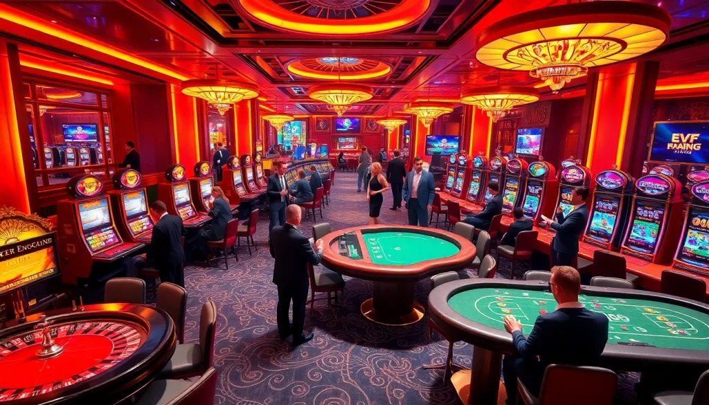 Players enjoying a thrilling casino experience at EV88, surrounded by vibrant games and luxury decor.