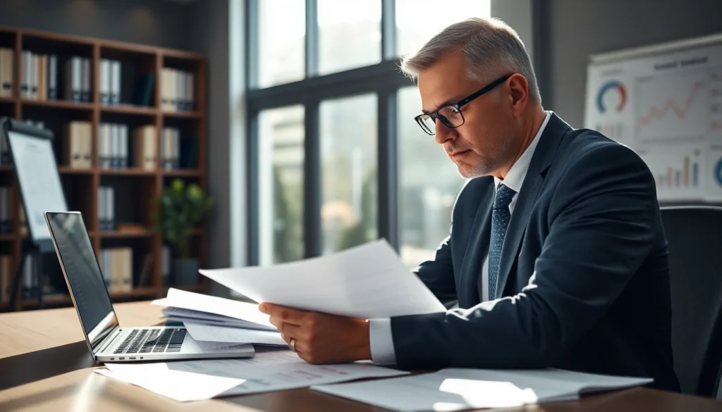 SMSF auditor examining financial documents in a modern office setting.