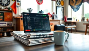 Engaging sports betting Manitoba setup showcasing a laptop with live betting odds and sports memorabilia.