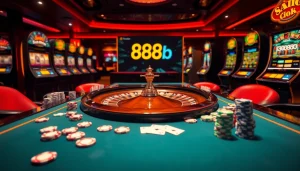 Engaging scene with casino elements and the 888b link, showcasing poker chips and roulette.
