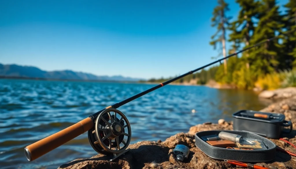 Use a fly fishing combo to catch fish amid serene lakeside scenery with natural lighting.