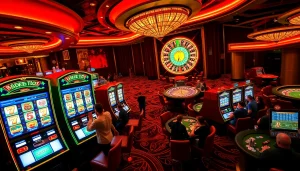 Play slot depo 5k at a luxurious casino with vibrant slot machines and exciting ambiance.