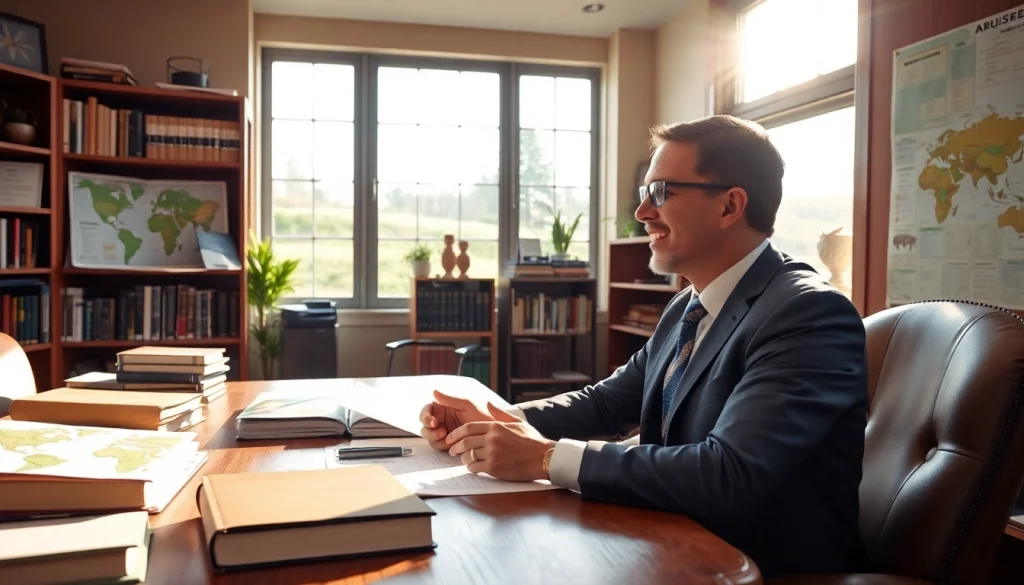 Agriculture lawyer consulting with a client in a professional office environment.