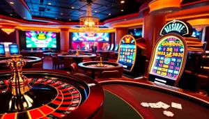 Engaging gaming scene with Gopay88 Daftar gambling elements, including roulette and poker tables.