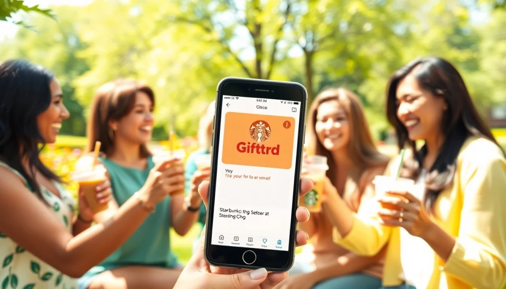 스타벅스 기프티콘을 스마트폰으로 보여주는 즐거운 친구들