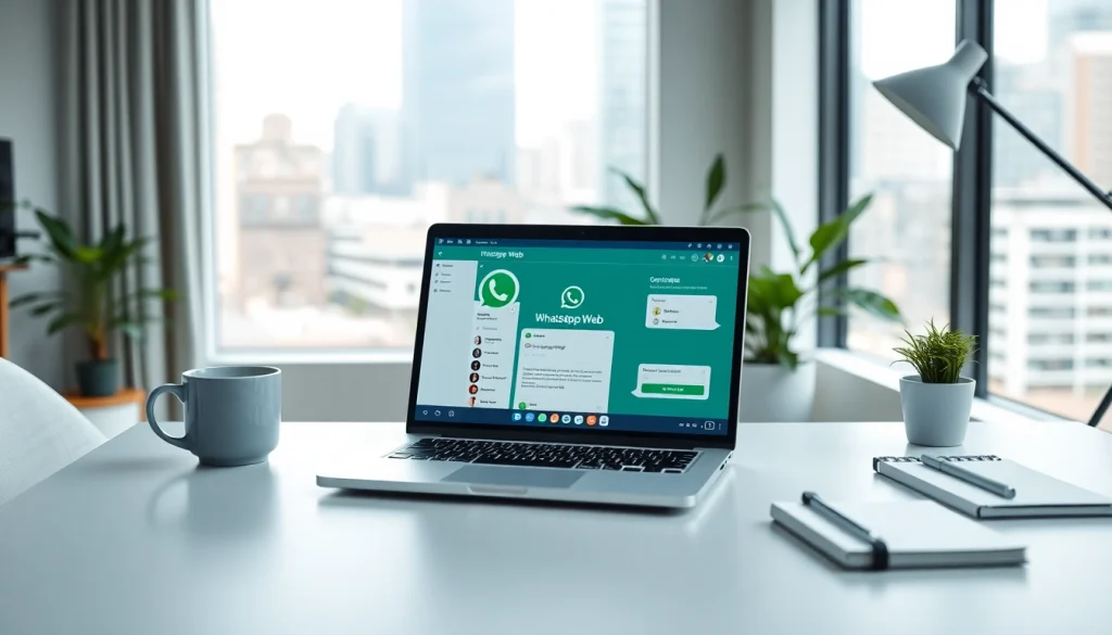 现代桌面环境下的 WhatsApp Web 界面，配有笔记本电脑与友好氛围。