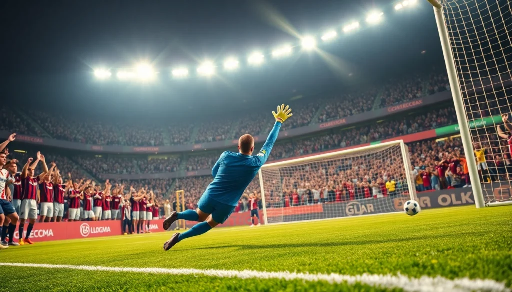 Experience the excitement of บ้านผลบอลสด through an action-packed soccer match featuring a goalkeeper's incredible save.