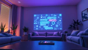 Intimate living room scene featuring AI sex chat interface, creating a warm and inviting atmosphere.