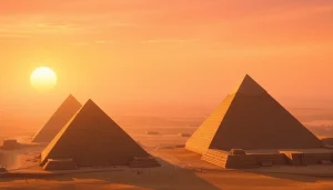 View of the majestic piraminds under a golden sunset over the Giza plateau