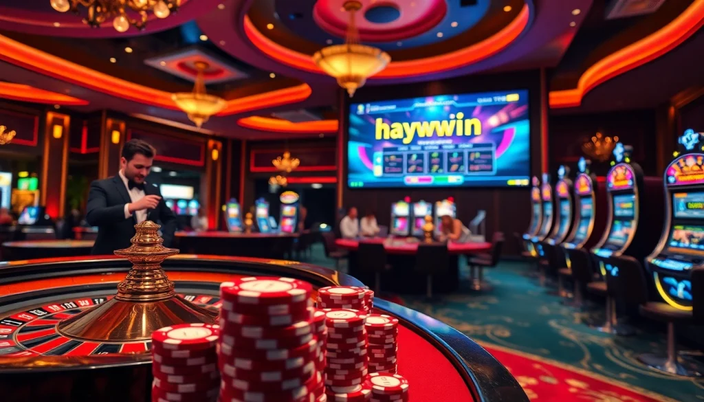 Experience thrilling plays at Haywin's luxurious casino, featuring vibrant roulette wheels and excited gamblers.