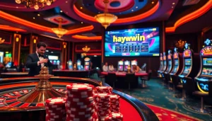 Experience thrilling plays at Haywin's luxurious casino, featuring vibrant roulette wheels and excited gamblers.