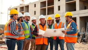 Construction workforce development highlighted by professionals collaborating on-site.