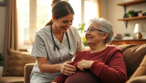 Experienced caregiver providing in home care austin tx in a warm, inviting living room.