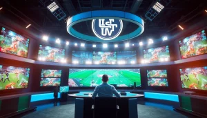 Engaging sports broadcasting studio featuring a broadcaster and multiple screens displaying live sports events.