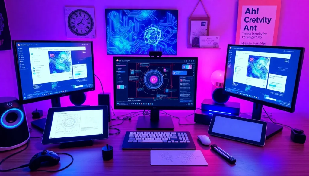 Interactive NSFW AI workspace with advanced tech and vibrant displays.