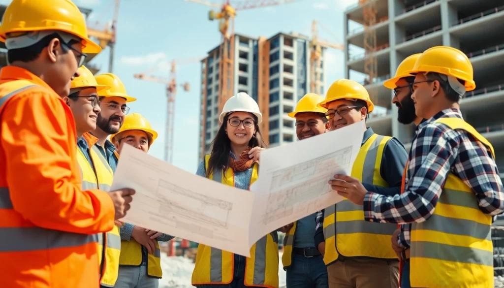 Construction association professionals collaborating on a busy building site, emphasizing teamwork.