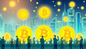 Comprendre Bitcoin dans un écosystème numérique illustré avec des symboles lumineux et humains utilisant la technologie.