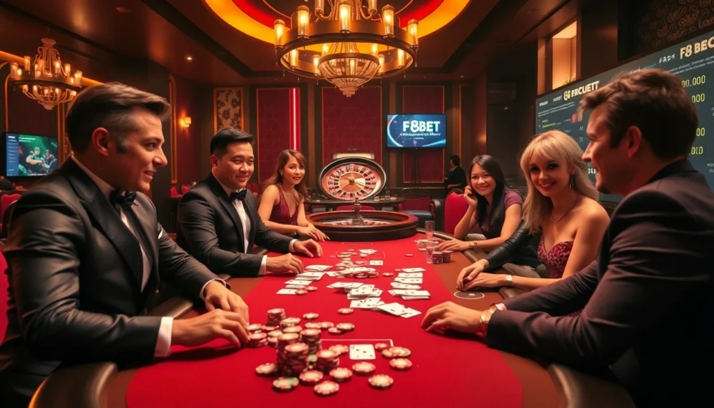 Experience high-stakes poker action at F8BET with vibrant chips and cards in a luxury casino setting.