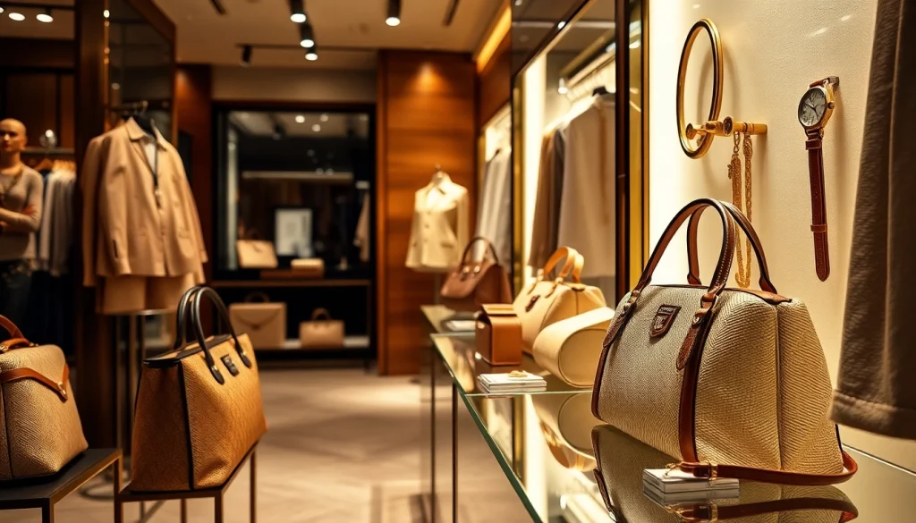 명품 이미테이션의 다양한 제품을 고급스러운 매장에서 보여줍니다.