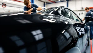 PPF Chattanooga car protection film applied by skilled technicians in an automotive shop.