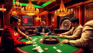 Engaged players strategizing at a poker table with sc88-themed decorations, capturing the casino excitement.