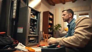 Technician performing furnace repair south salem service in a residential setting.