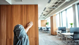 Transforming spaces with acoustic wood panels, showcasing a professional installation in an office setting.