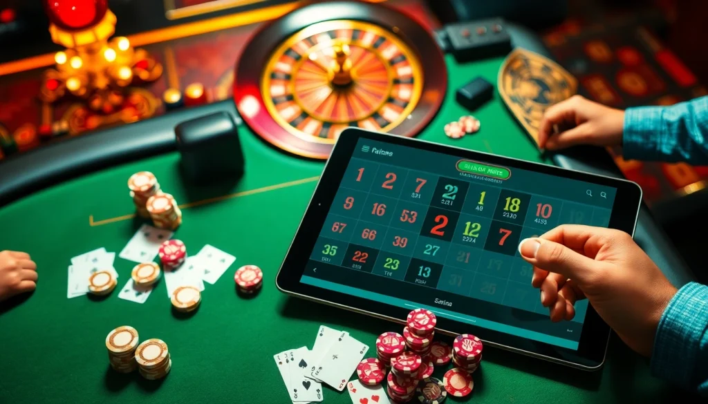 Players enjoying a thrilling game at fa88 casino table with cards and chips.