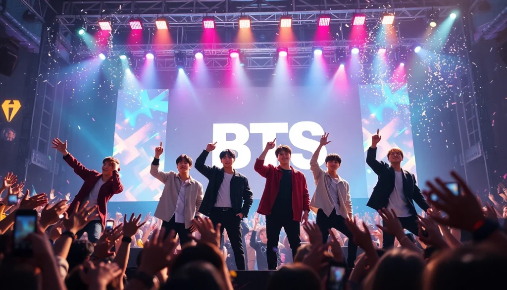 BTS members performing energetically on stage, captivating the audience at a concert.