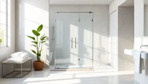 Elegant shower doors in a luxurious bathroom setting with a stylish modern design.