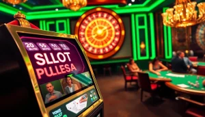 Adegan kasino yang menarik menampilkan permainan slot deposit pulsa dengan meja berwarna-warni dan suasana yang mendebarkan.