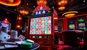 Putar mesin slot Mahjong Ways 2 di lingkungan kasino mewah yang penuh warna-warni cerah.