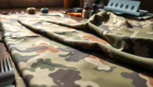 Bekijk camouflage stoffen met unieke patronen en texturen op een houten tafel.