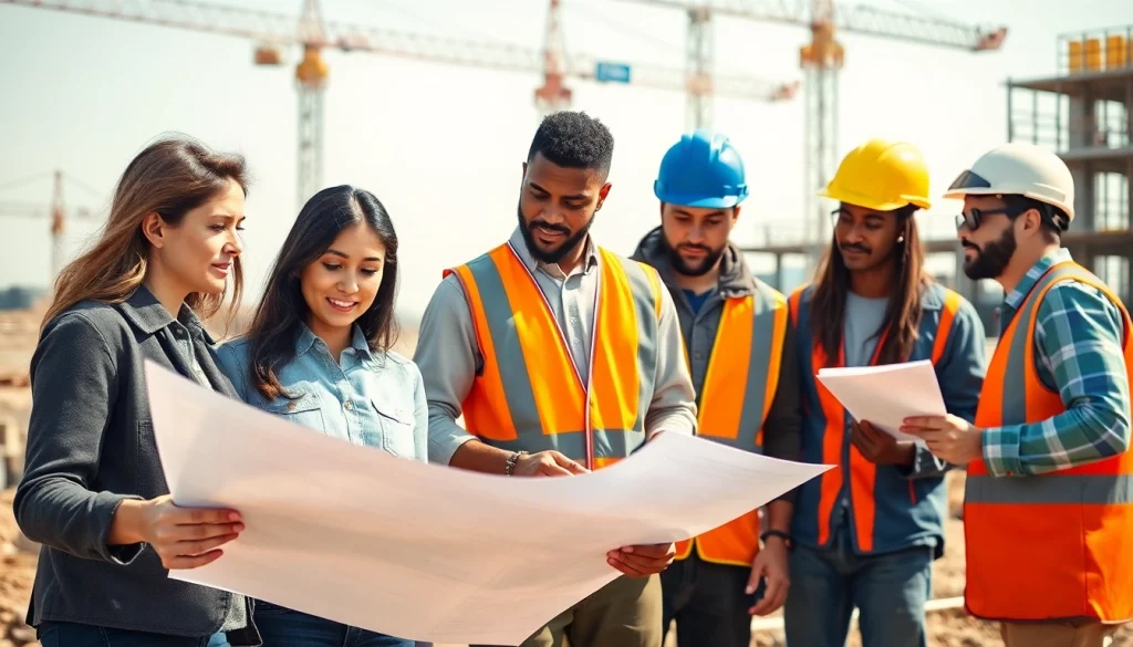 Careers in construction depict a diverse team collaborating on a vibrant building site.