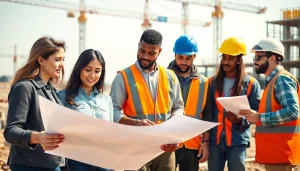 Careers in construction depict a diverse team collaborating on a vibrant building site.