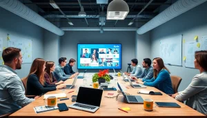 Team brainstorming in a modern office of a social media agency showcasing collaboration and creativity.