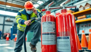 Inspecting a pass fire extinguisher in an industrial setting for safety compliance.